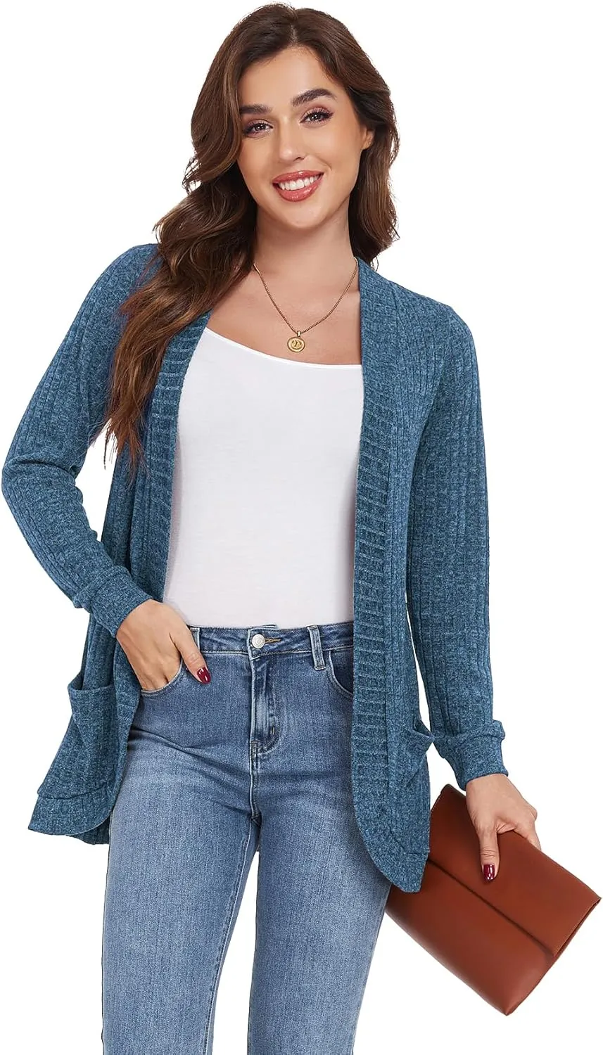 GRECERELLE Womens Long Sleeve Open Front Cardigan Casual V-Neck Curved Hem Ribbed Knit Sweater Outerwear with Pockets