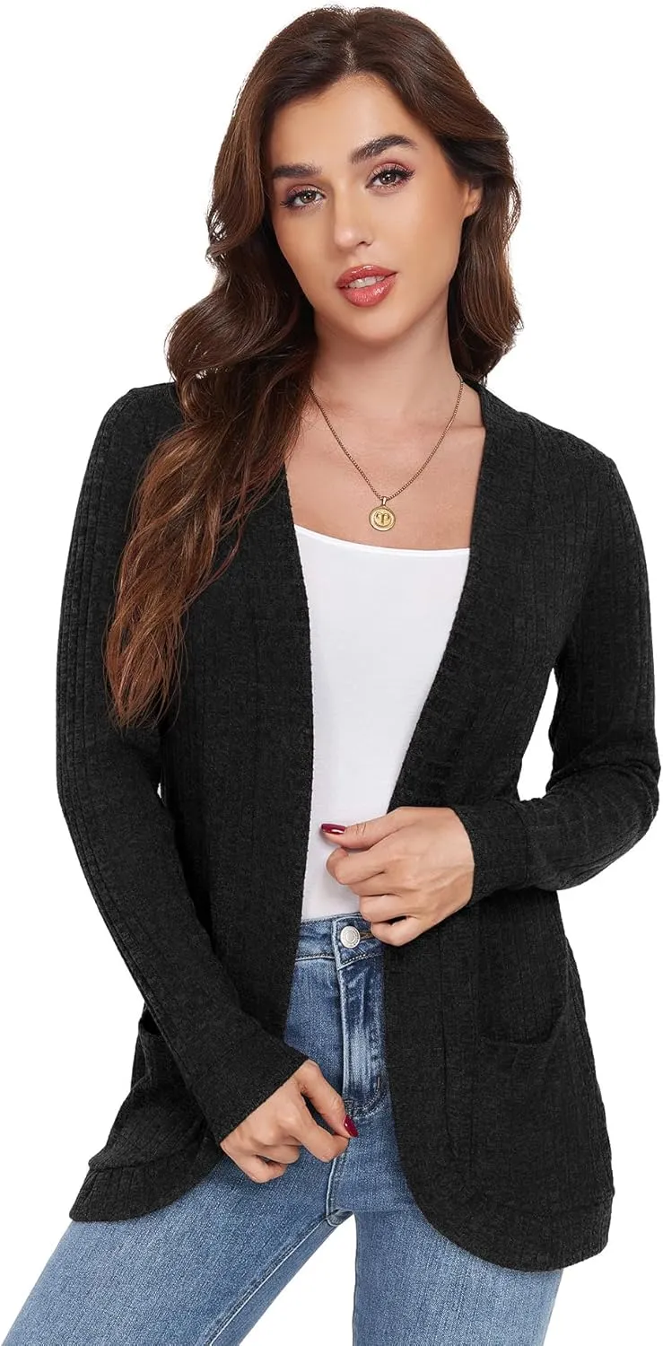 GRECERELLE Womens Long Sleeve Open Front Cardigan Casual V-Neck Curved Hem Ribbed Knit Sweater Outerwear with Pockets