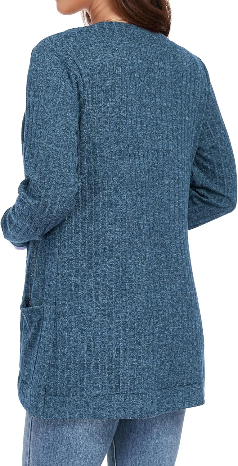 GRECERELLE Womens Long Sleeve Open Front Cardigan Casual V-Neck Curved Hem Ribbed Knit Sweater Outerwear with Pockets