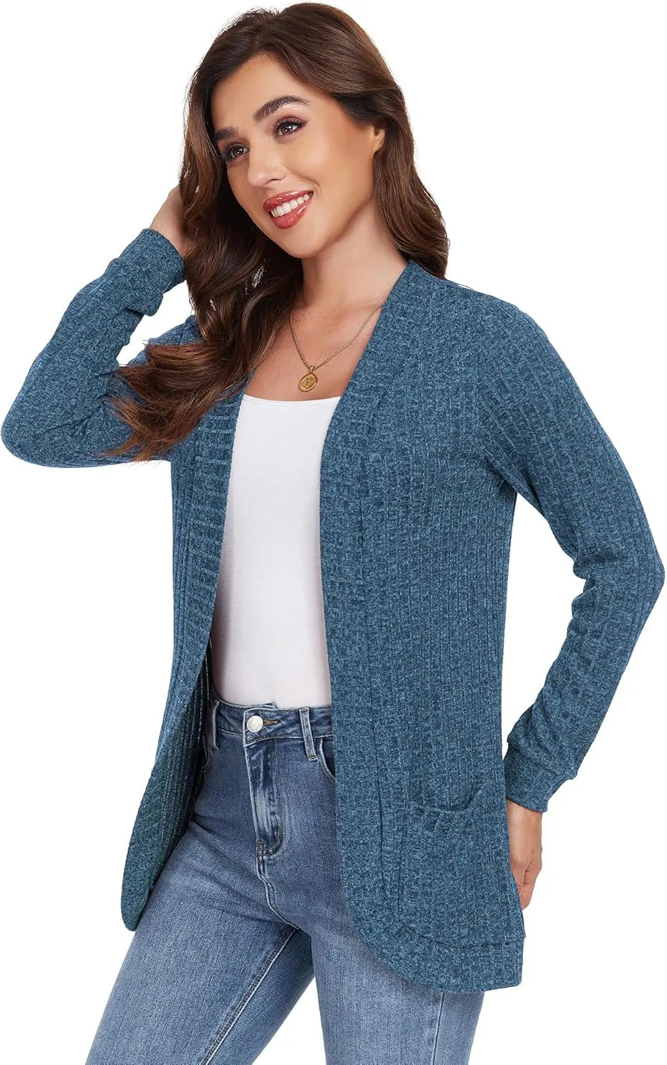 GRECERELLE Womens Long Sleeve Open Front Cardigan Casual V-Neck Curved Hem Ribbed Knit Sweater Outerwear with Pockets