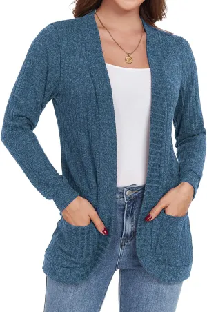 GRECERELLE Womens Long Sleeve Open Front Cardigan Casual V-Neck Curved Hem Ribbed Knit Sweater Outerwear with Pockets
