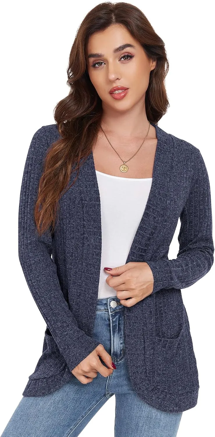 GRECERELLE Womens Long Sleeve Open Front Cardigan Casual V-Neck Curved Hem Ribbed Knit Sweater Outerwear with Pockets