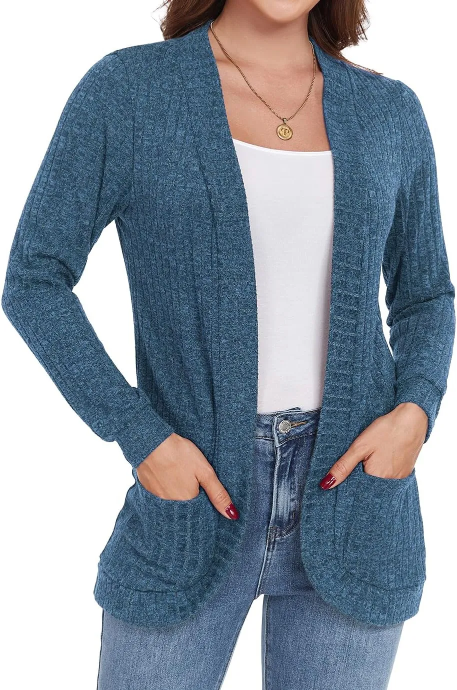 GRECERELLE Womens Long Sleeve Open Front Cardigan Casual V-Neck Curved Hem Ribbed Knit Sweater Outerwear with Pockets