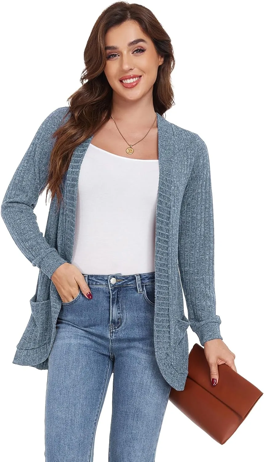 GRECERELLE Womens Long Sleeve Open Front Cardigan Casual V-Neck Curved Hem Ribbed Knit Sweater Outerwear with Pockets