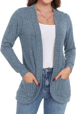 GRECERELLE Womens Long Sleeve Open Front Cardigan Casual V-Neck Curved Hem Ribbed Knit Sweater Outerwear with Pockets