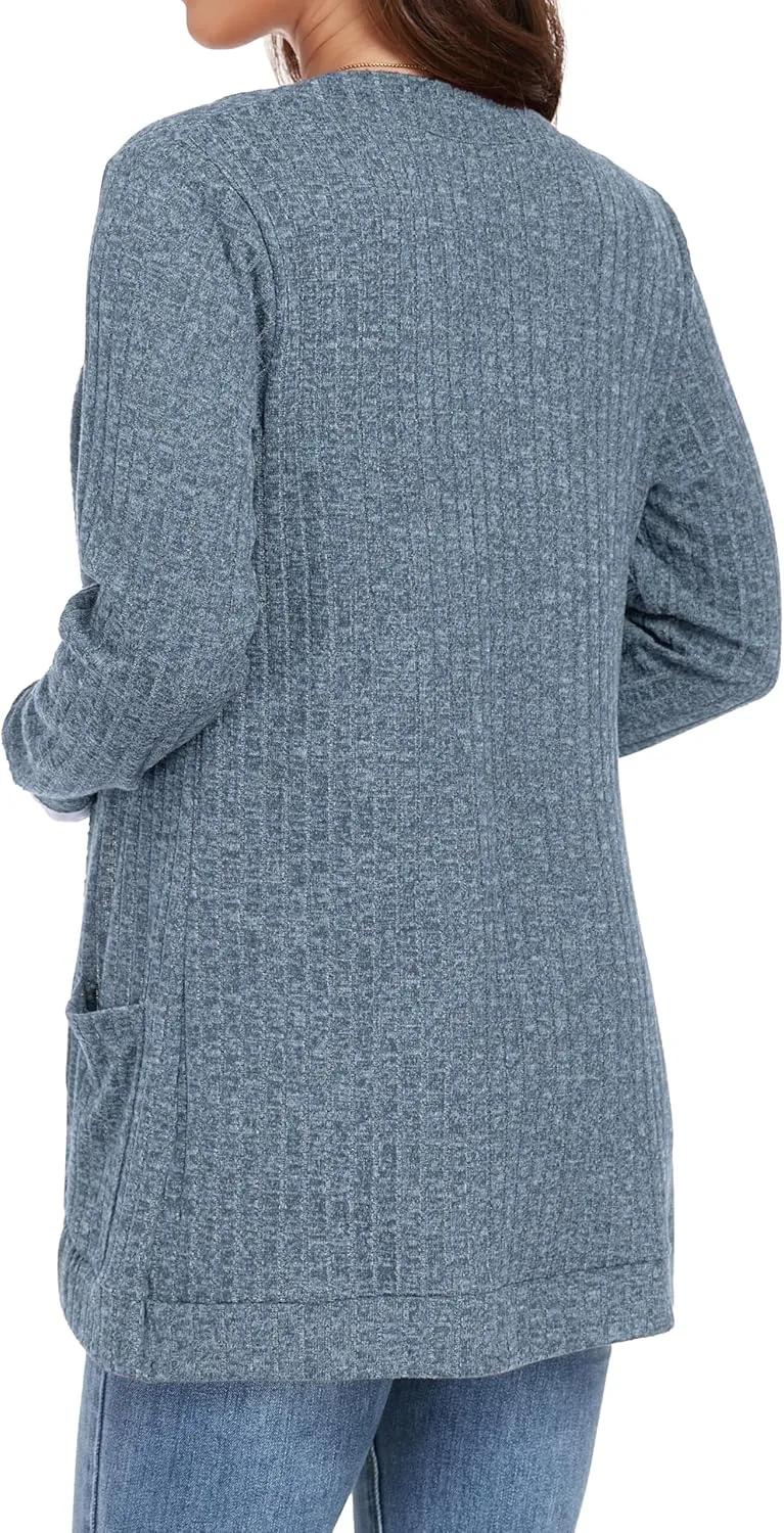 GRECERELLE Womens Long Sleeve Open Front Cardigan Casual V-Neck Curved Hem Ribbed Knit Sweater Outerwear with Pockets
