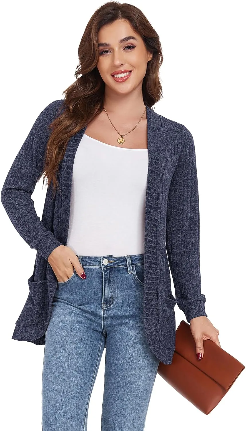 GRECERELLE Womens Long Sleeve Open Front Cardigan Casual V-Neck Curved Hem Ribbed Knit Sweater Outerwear with Pockets