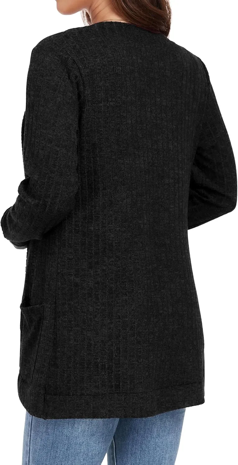 GRECERELLE Womens Long Sleeve Open Front Cardigan Casual V-Neck Curved Hem Ribbed Knit Sweater Outerwear with Pockets