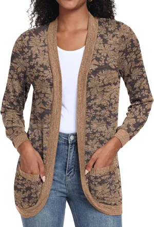 GRECERELLE Womens Long Sleeve Open Front Cardigan Casual V-Neck Curved Hem Ribbed Knit Sweater Outerwear with Pockets