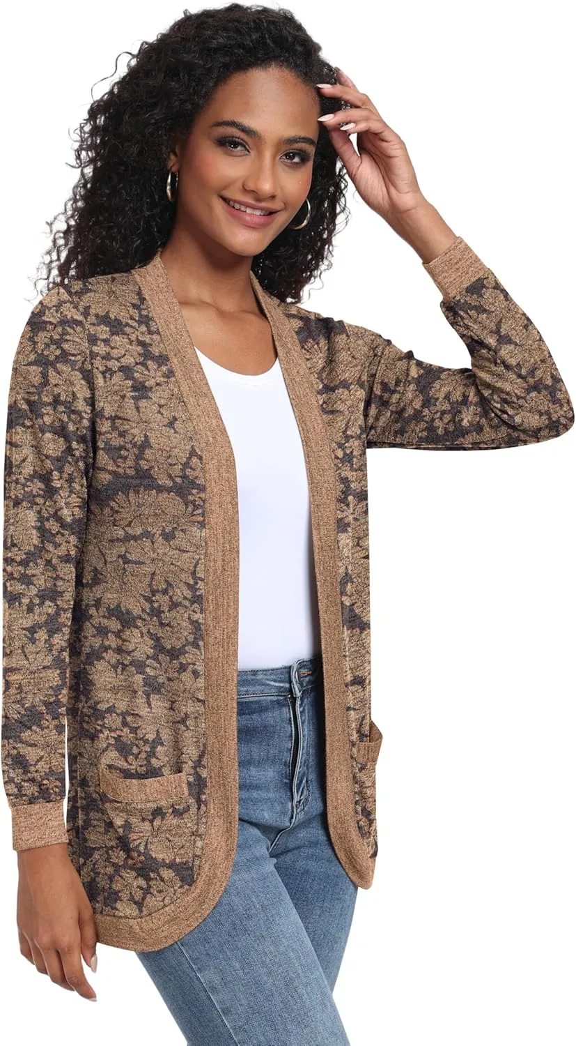 GRECERELLE Womens Long Sleeve Open Front Cardigan Casual V-Neck Curved Hem Ribbed Knit Sweater Outerwear with Pockets