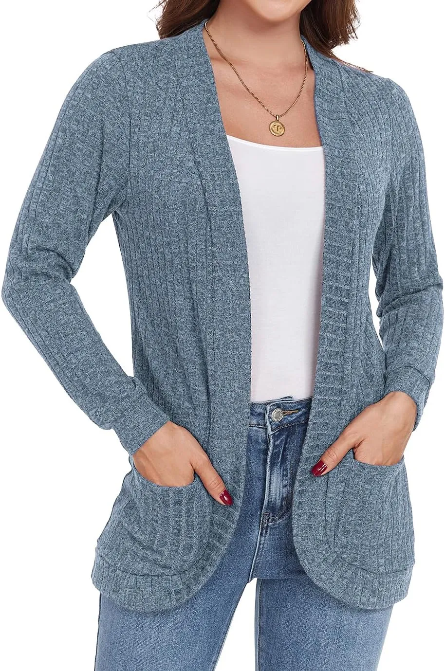 GRECERELLE Womens Long Sleeve Open Front Cardigan Casual V-Neck Curved Hem Ribbed Knit Sweater Outerwear with Pockets