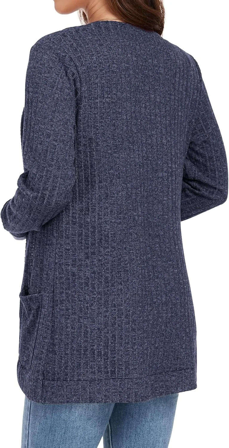 GRECERELLE Womens Long Sleeve Open Front Cardigan Casual V-Neck Curved Hem Ribbed Knit Sweater Outerwear with Pockets