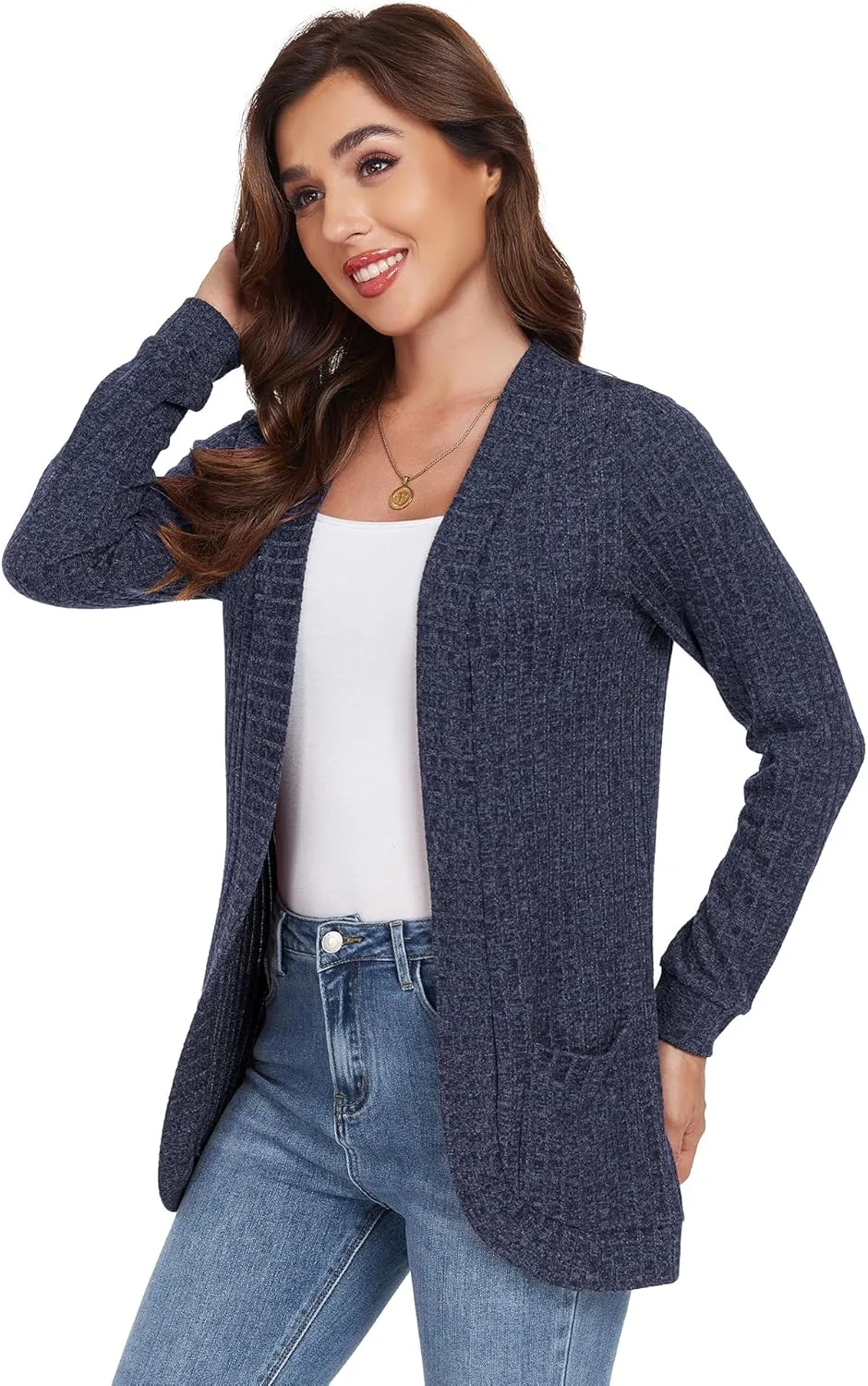 GRECERELLE Womens Long Sleeve Open Front Cardigan Casual V-Neck Curved Hem Ribbed Knit Sweater Outerwear with Pockets