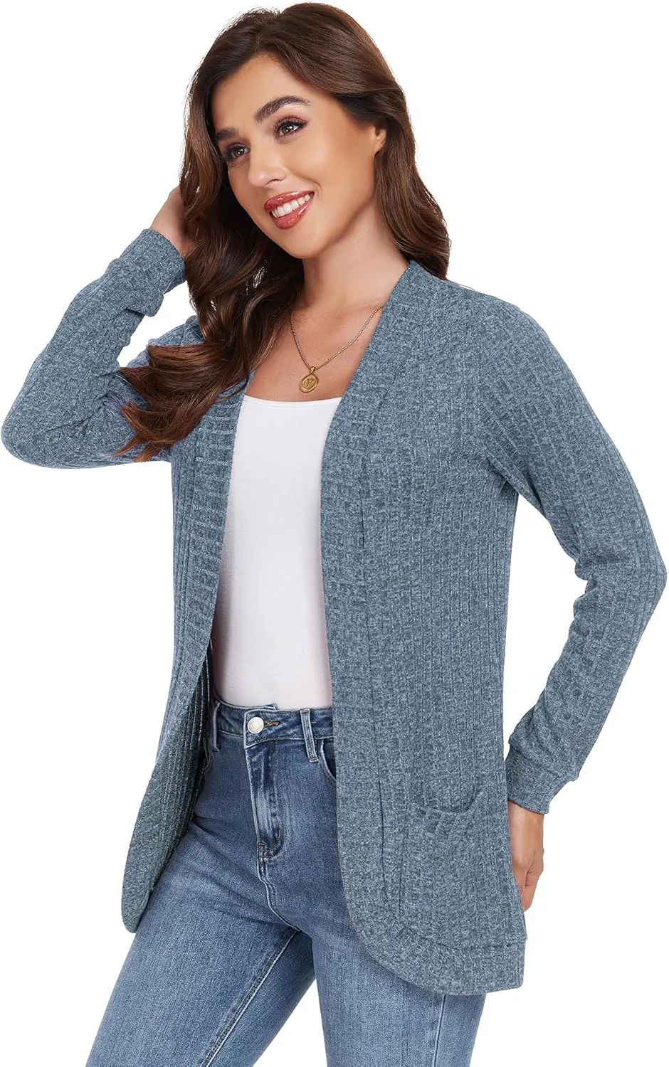 GRECERELLE Womens Long Sleeve Open Front Cardigan Casual V-Neck Curved Hem Ribbed Knit Sweater Outerwear with Pockets