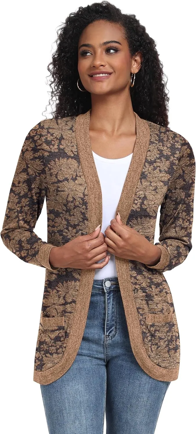 GRECERELLE Womens Long Sleeve Open Front Cardigan Casual V-Neck Curved Hem Ribbed Knit Sweater Outerwear with Pockets