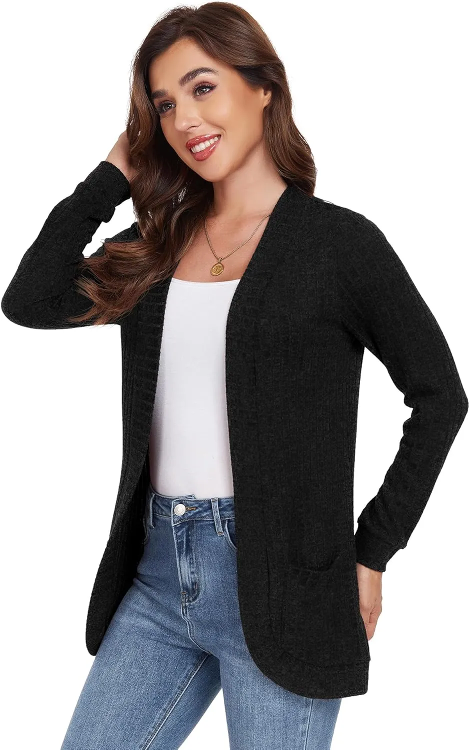 GRECERELLE Womens Long Sleeve Open Front Cardigan Casual V-Neck Curved Hem Ribbed Knit Sweater Outerwear with Pockets