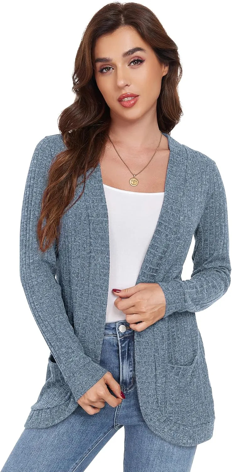 GRECERELLE Womens Long Sleeve Open Front Cardigan Casual V-Neck Curved Hem Ribbed Knit Sweater Outerwear with Pockets