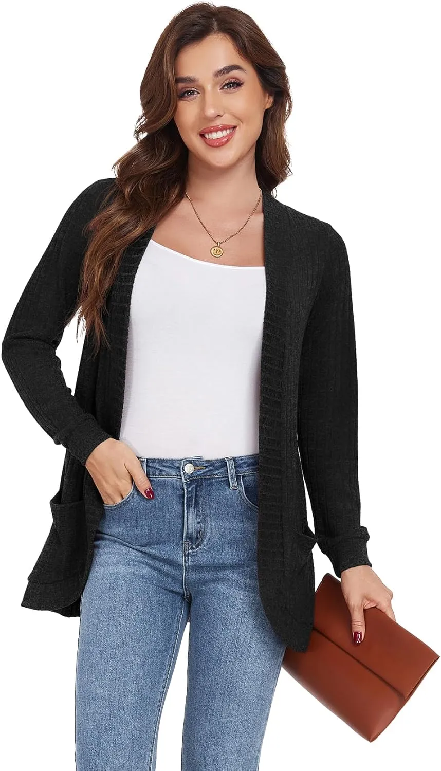 GRECERELLE Womens Long Sleeve Open Front Cardigan Casual V-Neck Curved Hem Ribbed Knit Sweater Outerwear with Pockets