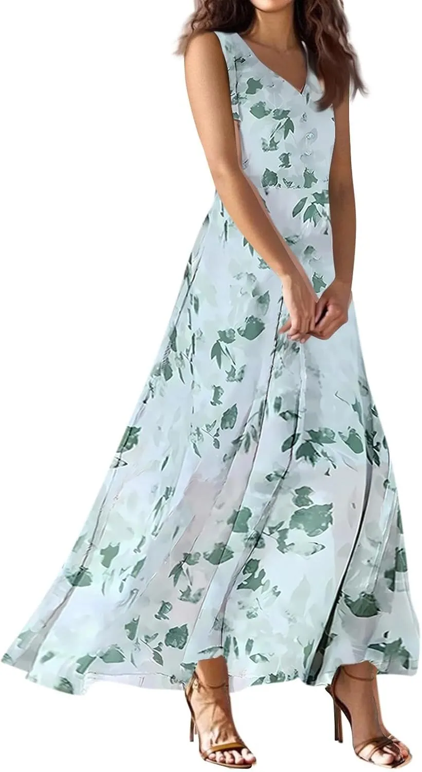 lcyhony Maxi Dresses for Women 2025 Casual Summer Sleeveless V Neck Floral Dress Y2k Loose fit Flowy Beach Vacation Sundress
