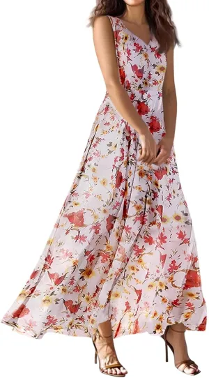 lcyhony Maxi Dresses for Women 2025 Casual Summer Sleeveless V Neck Floral Dress Y2k Loose fit Flowy Beach Vacation Sundress