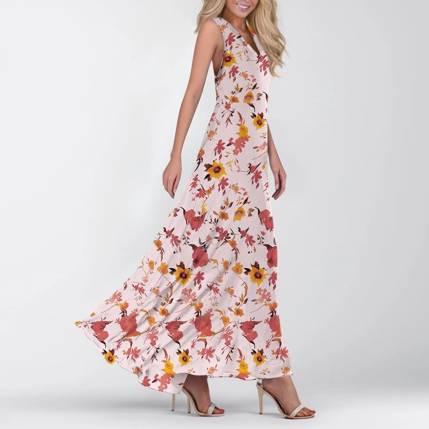 lcyhony Maxi Dresses for Women 2025 Casual Summer Sleeveless V Neck Floral Dress Y2k Loose fit Flowy Beach Vacation Sundress