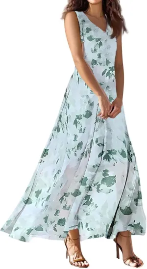 lcyhony Maxi Dresses for Women 2025 Casual Summer Sleeveless V Neck Floral Dress Y2k Loose fit Flowy Beach Vacation Sundress