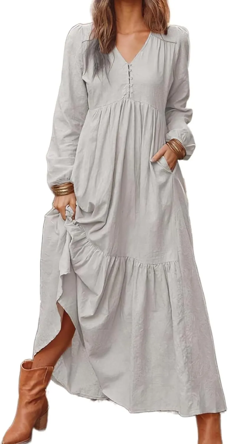 Linen Dresses for Women 2025 Solid V-Neck Tiered Ruffle Long Sleeve Dress Comfy Vacation Midi Sundresses with Pockets