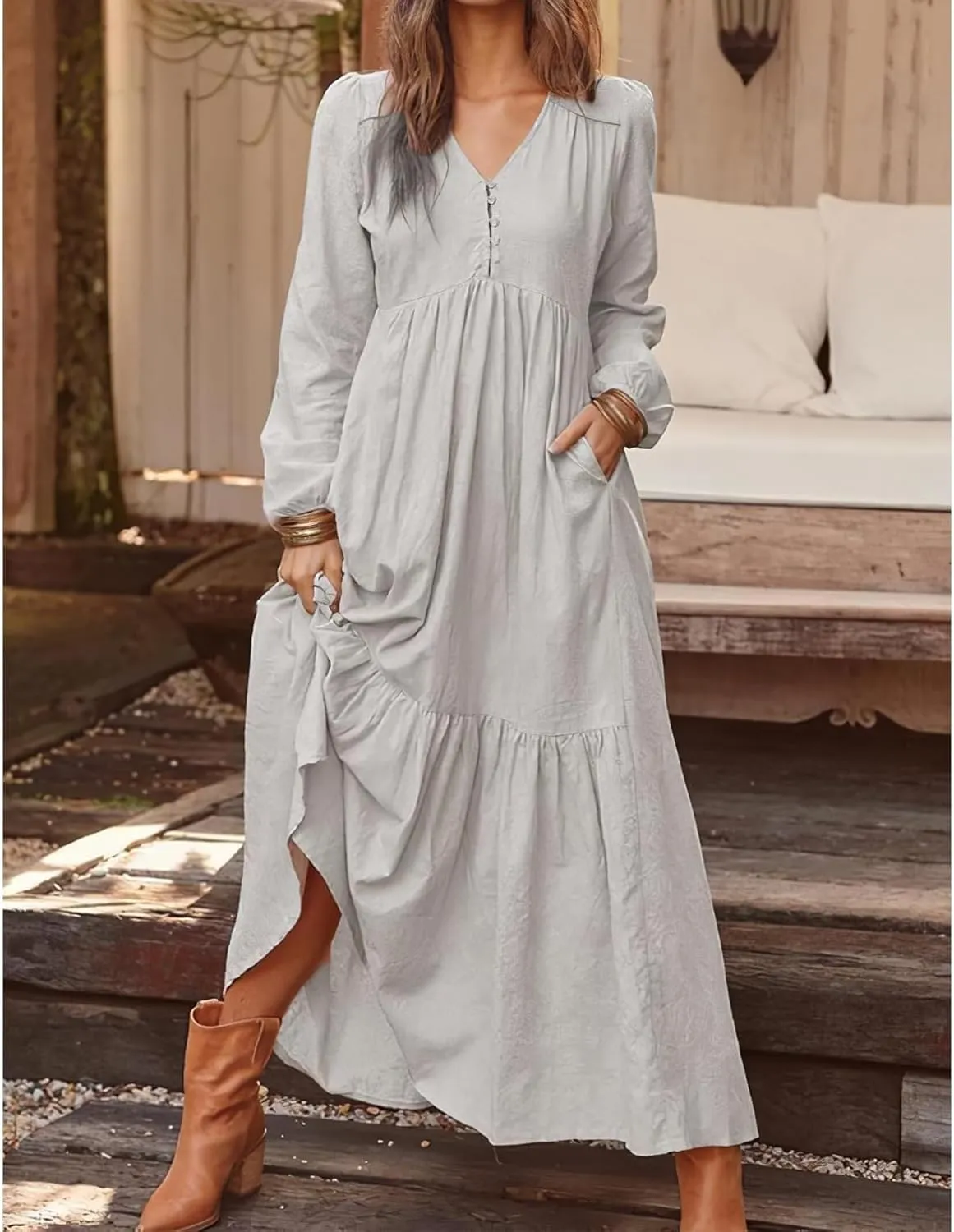 Linen Dresses for Women 2025 Solid V-Neck Tiered Ruffle Long Sleeve Dress Comfy Vacation Midi Sundresses with Pockets