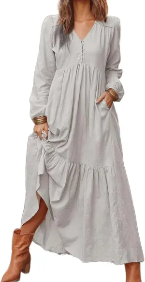 Linen Dresses for Women 2025 Solid V-Neck Tiered Ruffle Long Sleeve Dress Comfy Vacation Midi Sundresses with Pockets