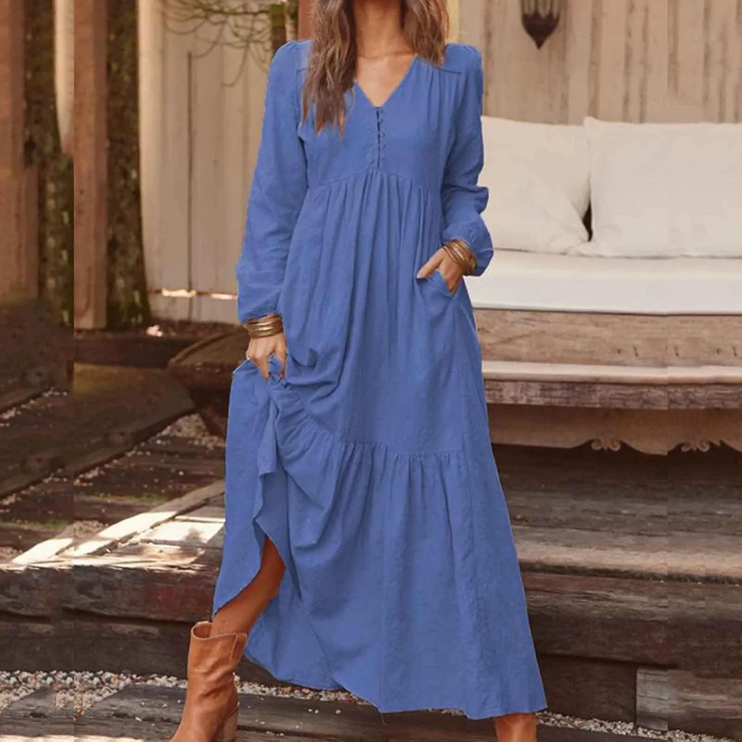 Linen Dresses for Women 2025 Solid V-Neck Tiered Ruffle Long Sleeve Dress Comfy Vacation Midi Sundresses with Pockets