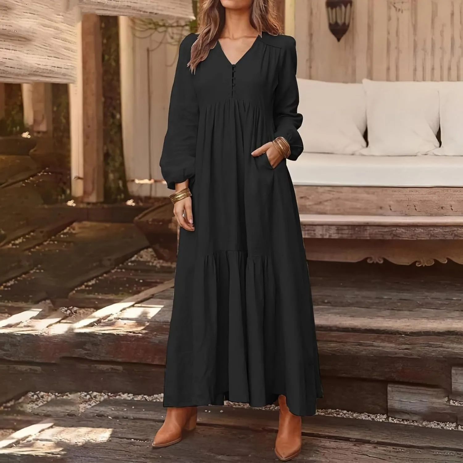 Linen Dresses for Women 2025 Solid V-Neck Tiered Ruffle Long Sleeve Dress Comfy Vacation Midi Sundresses with Pockets
