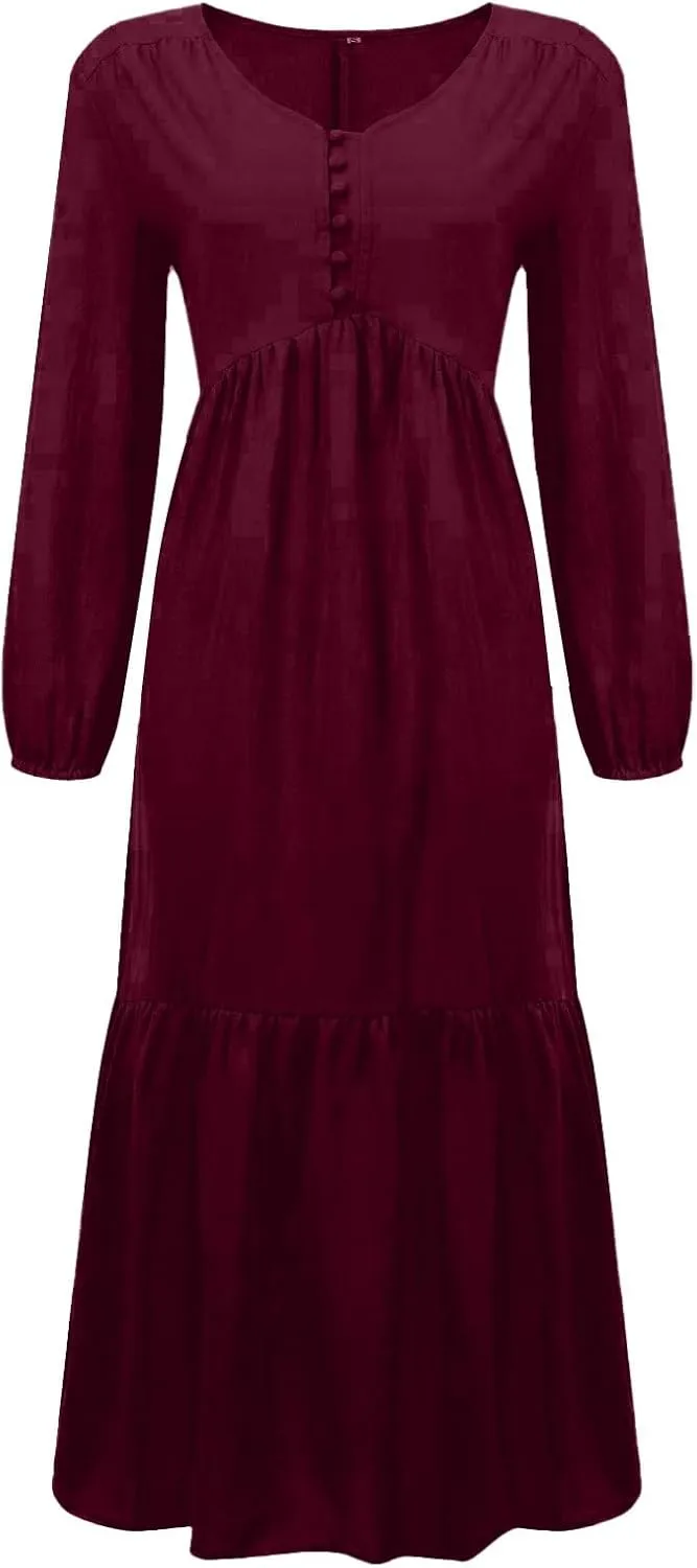 Linen Dresses for Women 2025 Solid V-Neck Tiered Ruffle Long Sleeve Dress Comfy Vacation Midi Sundresses with Pockets