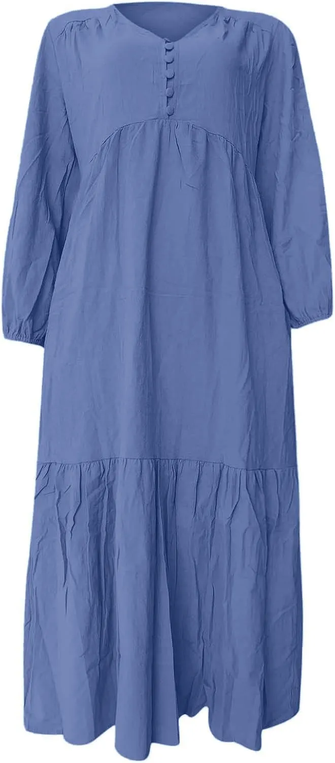 Linen Dresses for Women 2025 Solid V-Neck Tiered Ruffle Long Sleeve Dress Comfy Vacation Midi Sundresses with Pockets