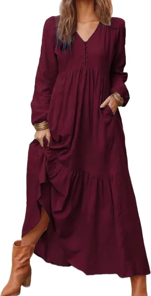 Linen Dresses for Women 2025 Solid V-Neck Tiered Ruffle Long Sleeve Dress Comfy Vacation Midi Sundresses with Pockets