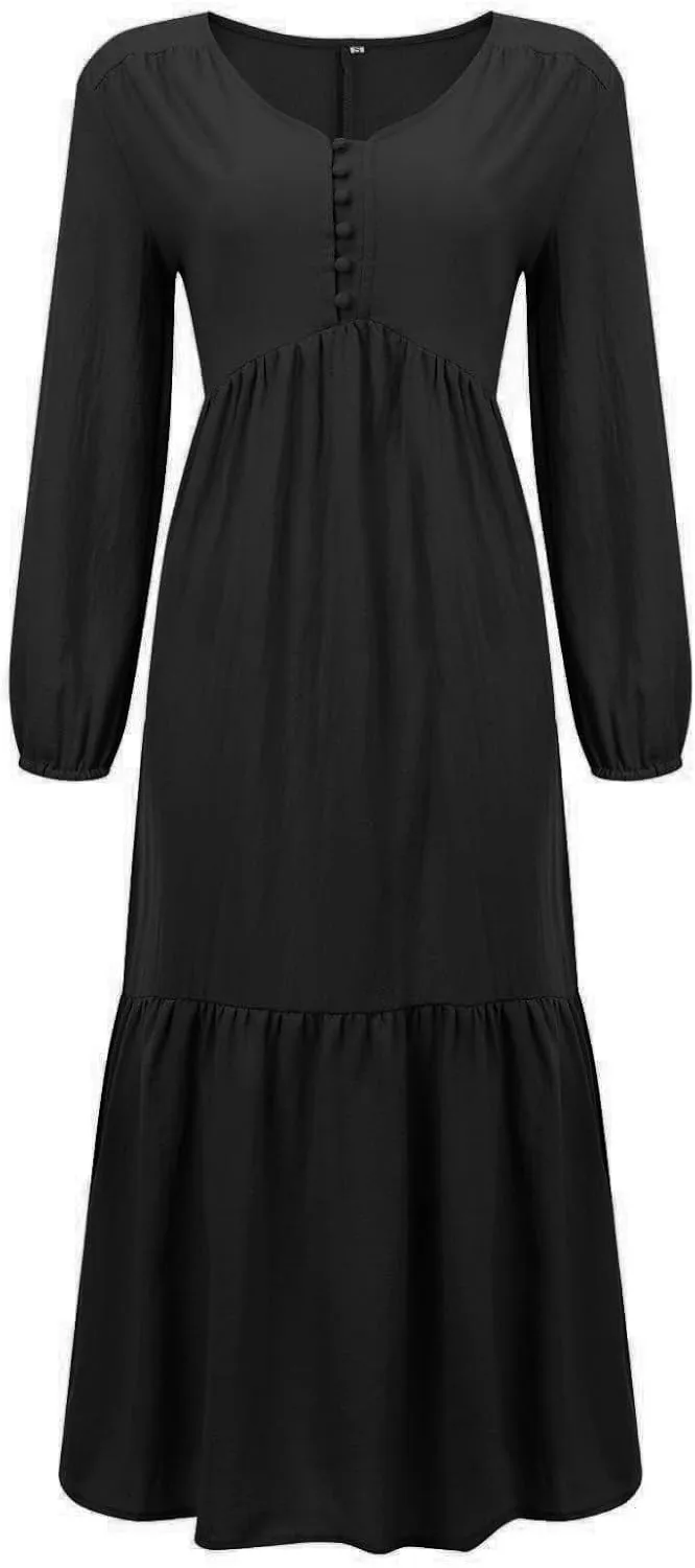 Linen Dresses for Women 2025 Solid V-Neck Tiered Ruffle Long Sleeve Dress Comfy Vacation Midi Sundresses with Pockets