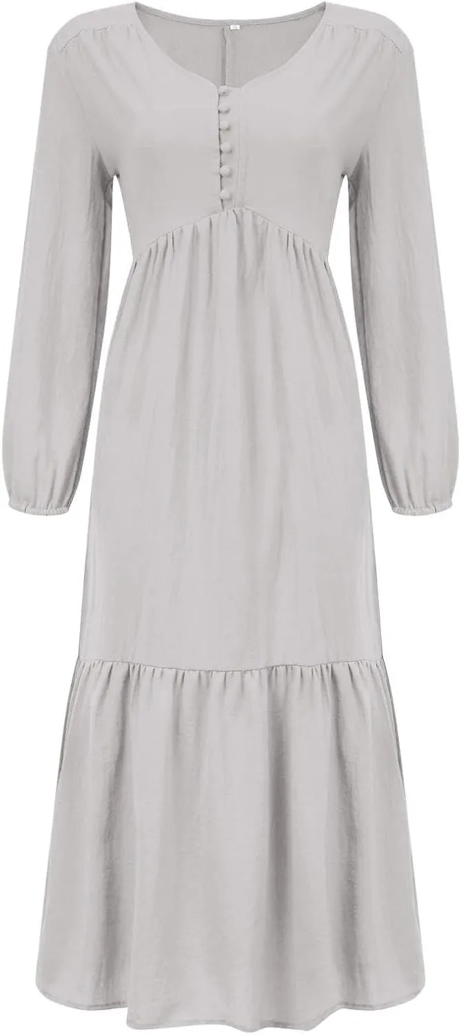 Linen Dresses for Women 2025 Solid V-Neck Tiered Ruffle Long Sleeve Dress Comfy Vacation Midi Sundresses with Pockets