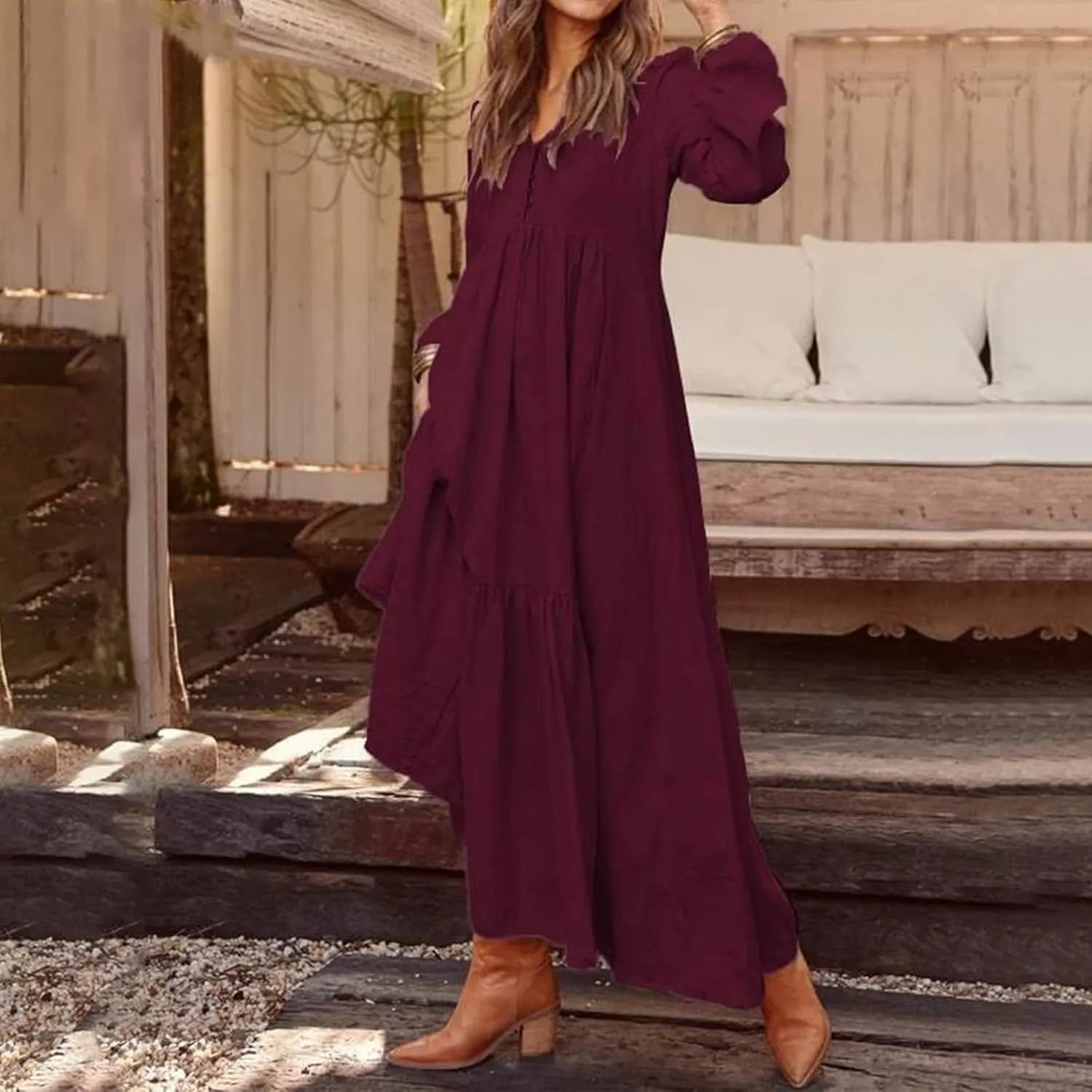 Linen Dresses for Women 2025 Solid V-Neck Tiered Ruffle Long Sleeve Dress Comfy Vacation Midi Sundresses with Pockets