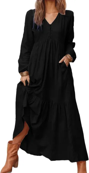Linen Dresses for Women 2025 Solid V-Neck Tiered Ruffle Long Sleeve Dress Comfy Vacation Midi Sundresses with Pockets