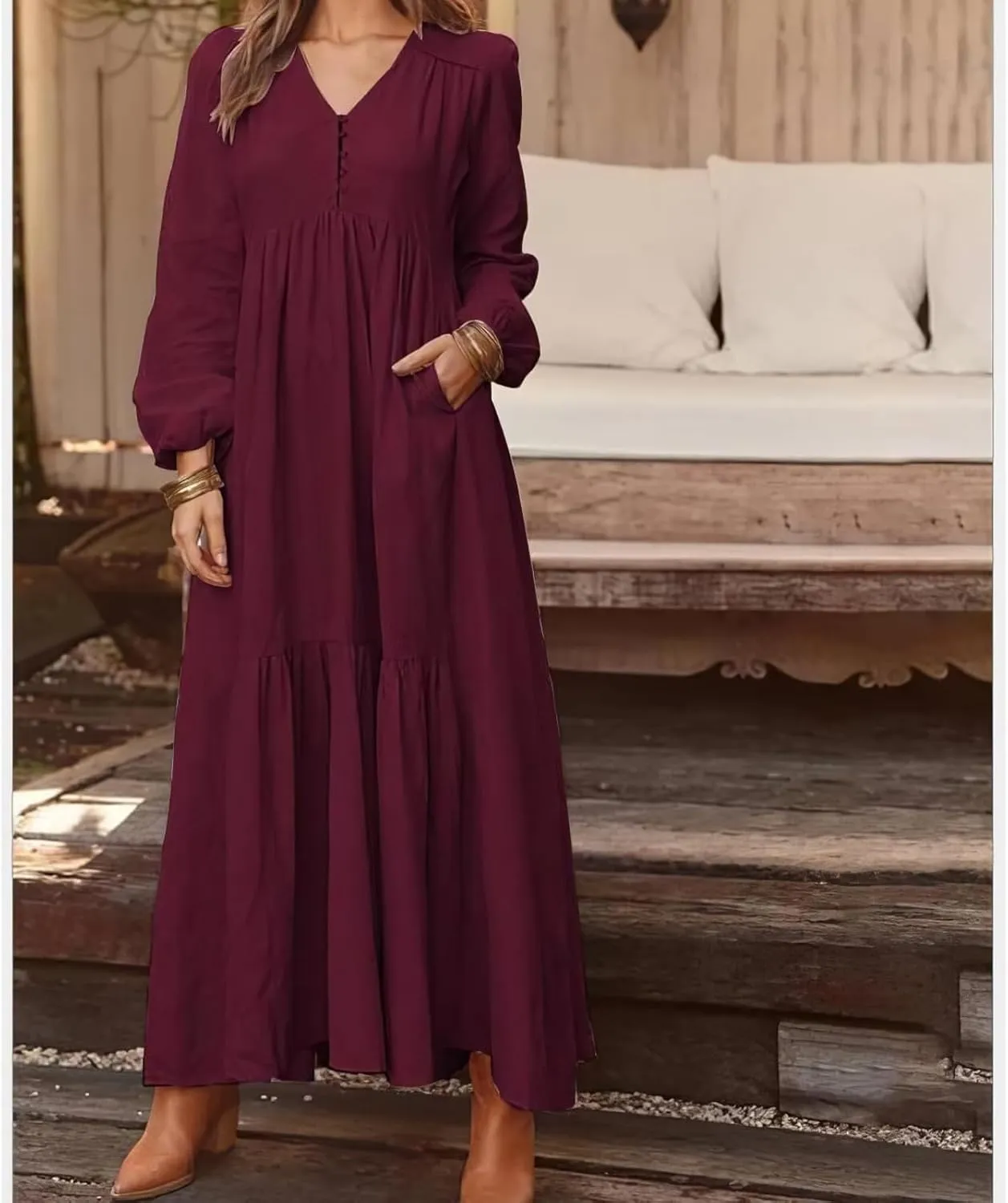 Linen Dresses for Women 2025 Solid V-Neck Tiered Ruffle Long Sleeve Dress Comfy Vacation Midi Sundresses with Pockets