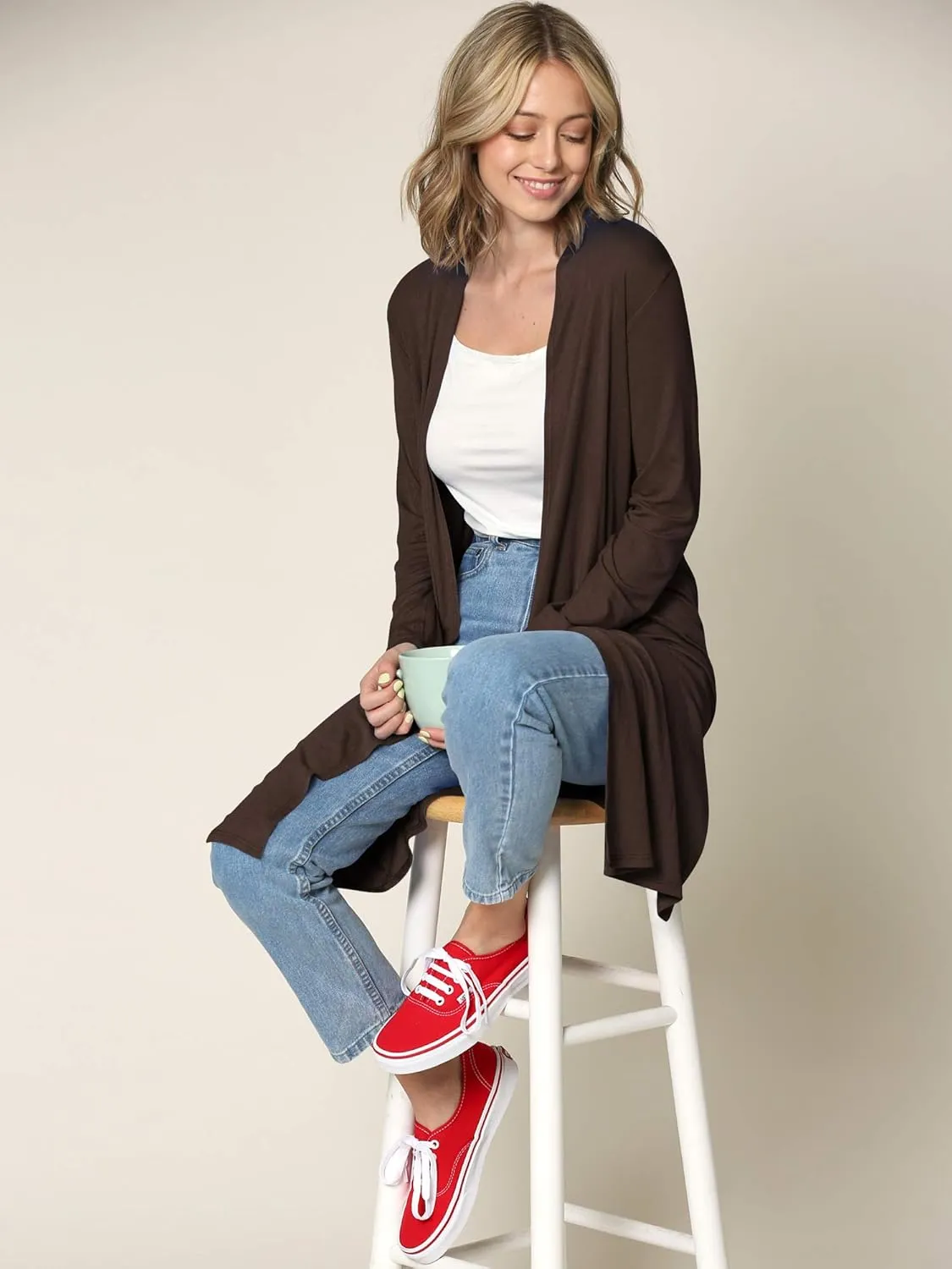 Lock and Love Women's Long Cardigan  Fall Casual Draped Open Front Lightweight Duster with Long Sleeves
