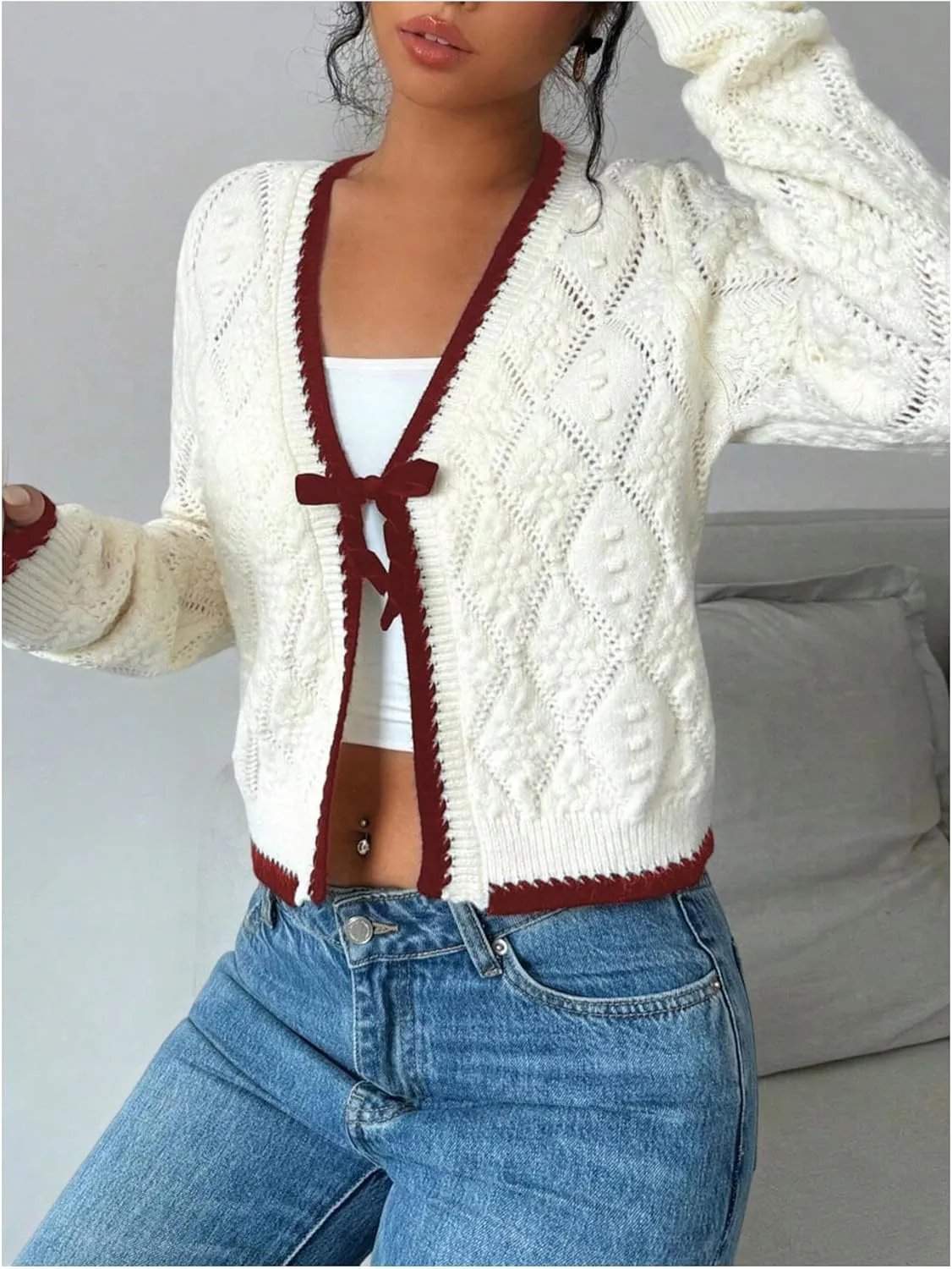 MakeMeChic Women's Tie Front Cardigan Sweater V Neck Long Sleeve Crop Cardigan