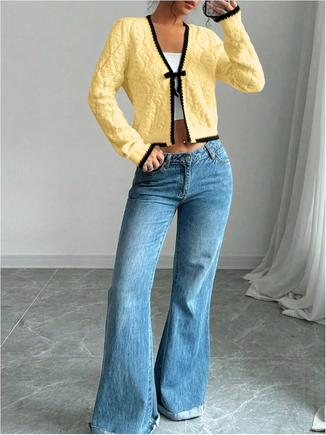 MakeMeChic Women's Tie Front Cardigan Sweater V Neck Long Sleeve Crop Cardigan