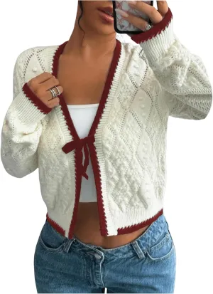 MakeMeChic Women's Tie Front Cardigan Sweater V Neck Long Sleeve Crop Cardigan