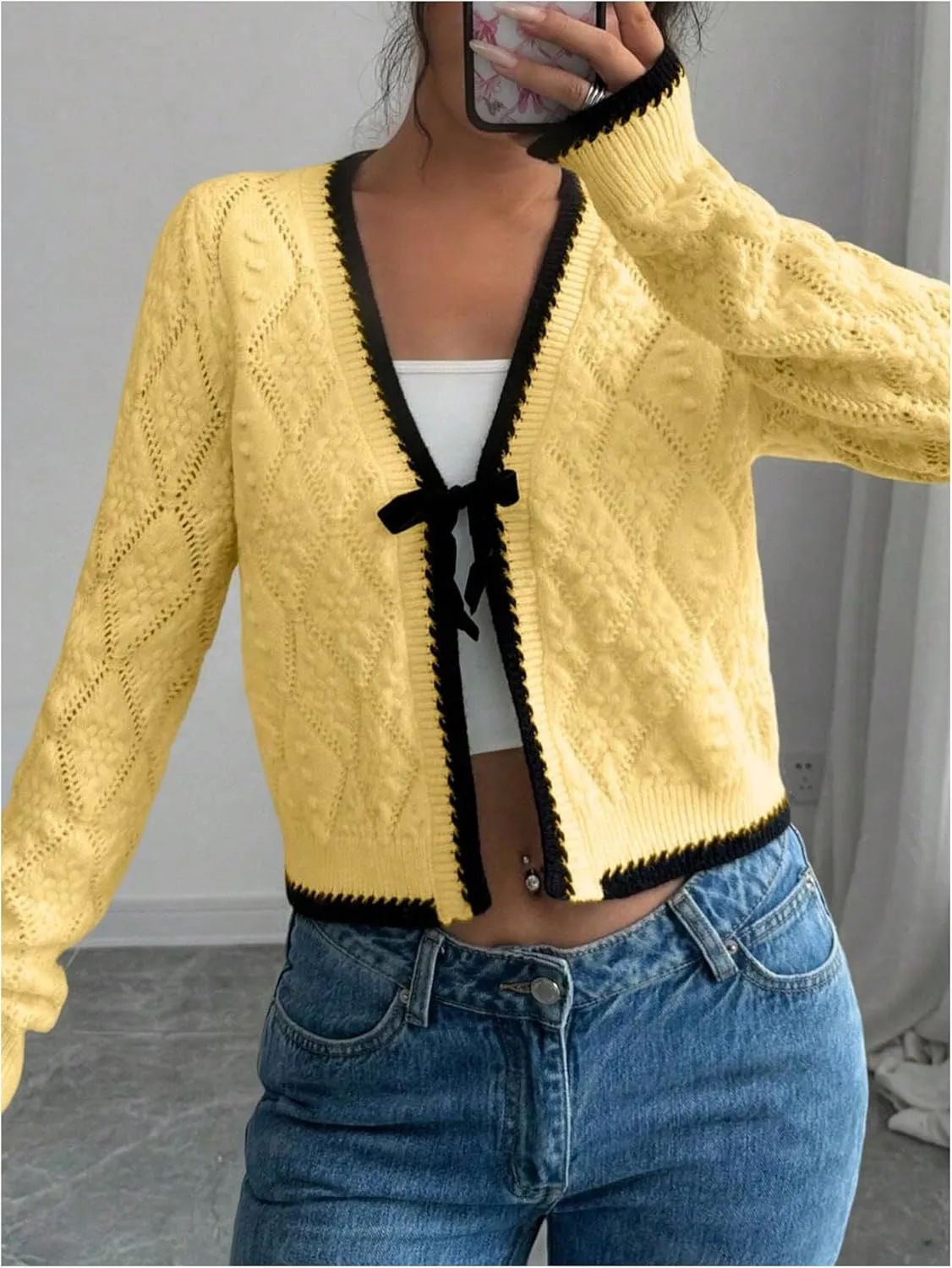 MakeMeChic Women's Tie Front Cardigan Sweater V Neck Long Sleeve Crop Cardigan