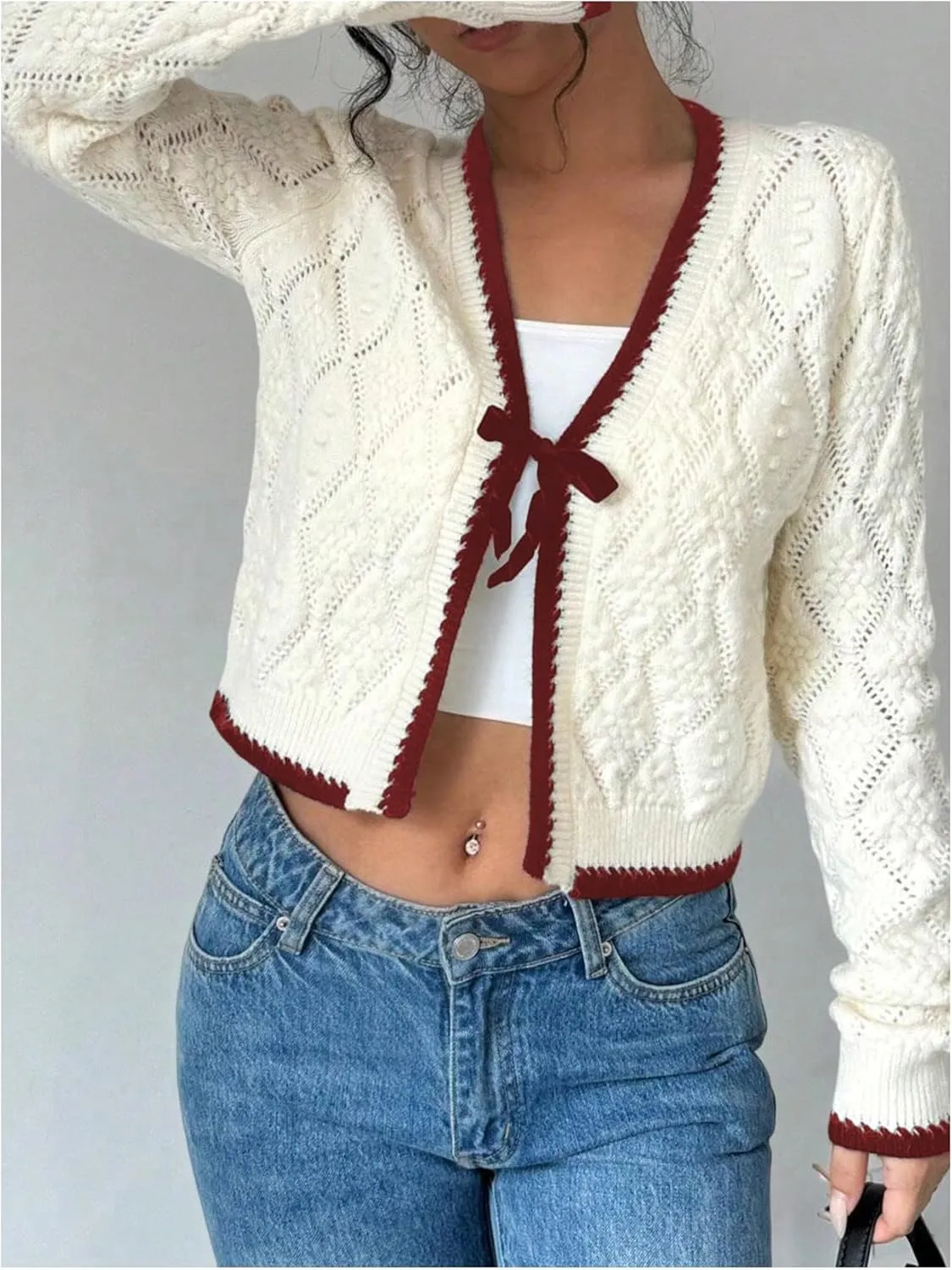 MakeMeChic Women's Tie Front Cardigan Sweater V Neck Long Sleeve Crop Cardigan