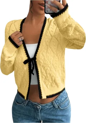 MakeMeChic Women's Tie Front Cardigan Sweater V Neck Long Sleeve Crop Cardigan