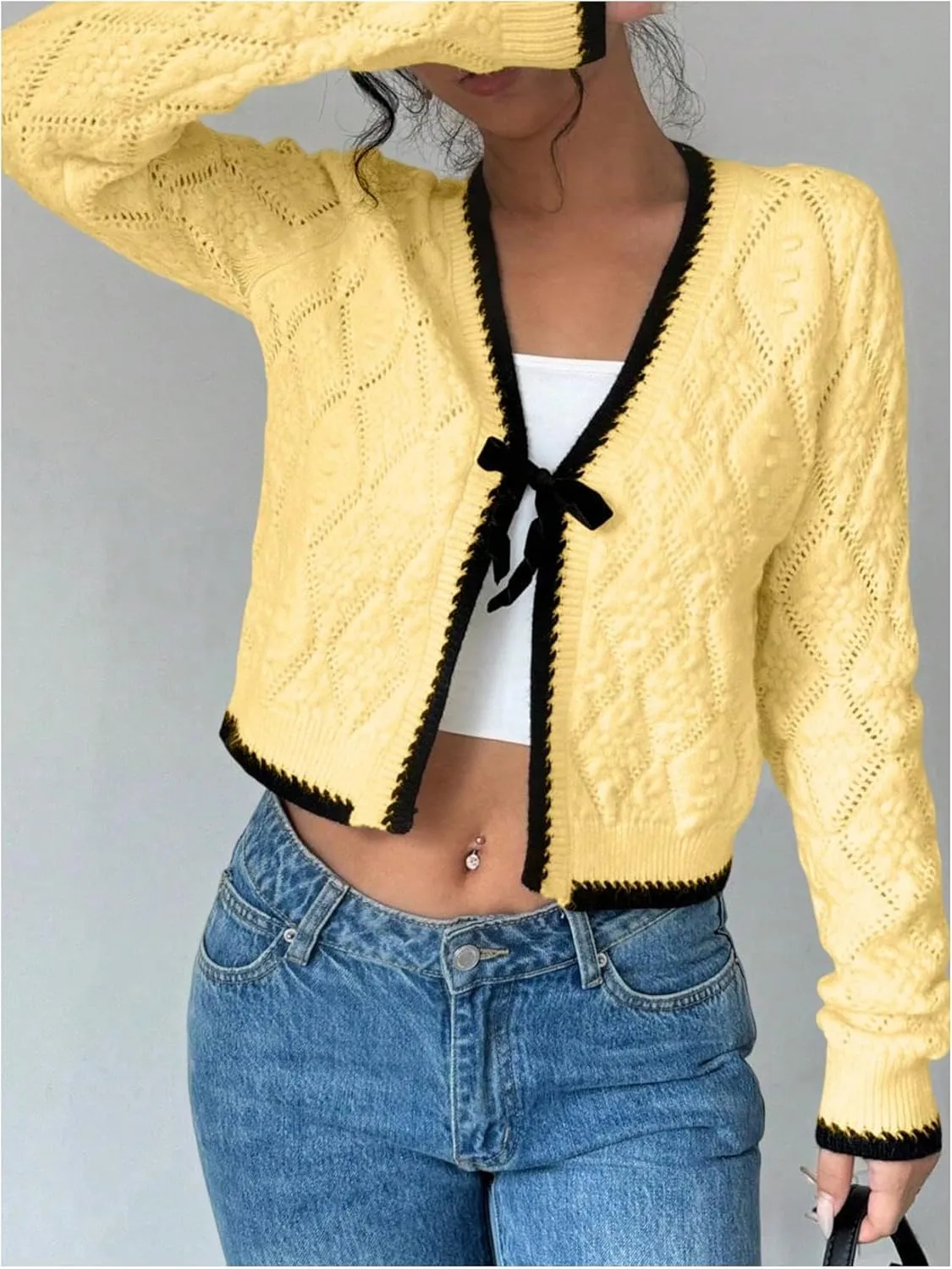 MakeMeChic Women's Tie Front Cardigan Sweater V Neck Long Sleeve Crop Cardigan