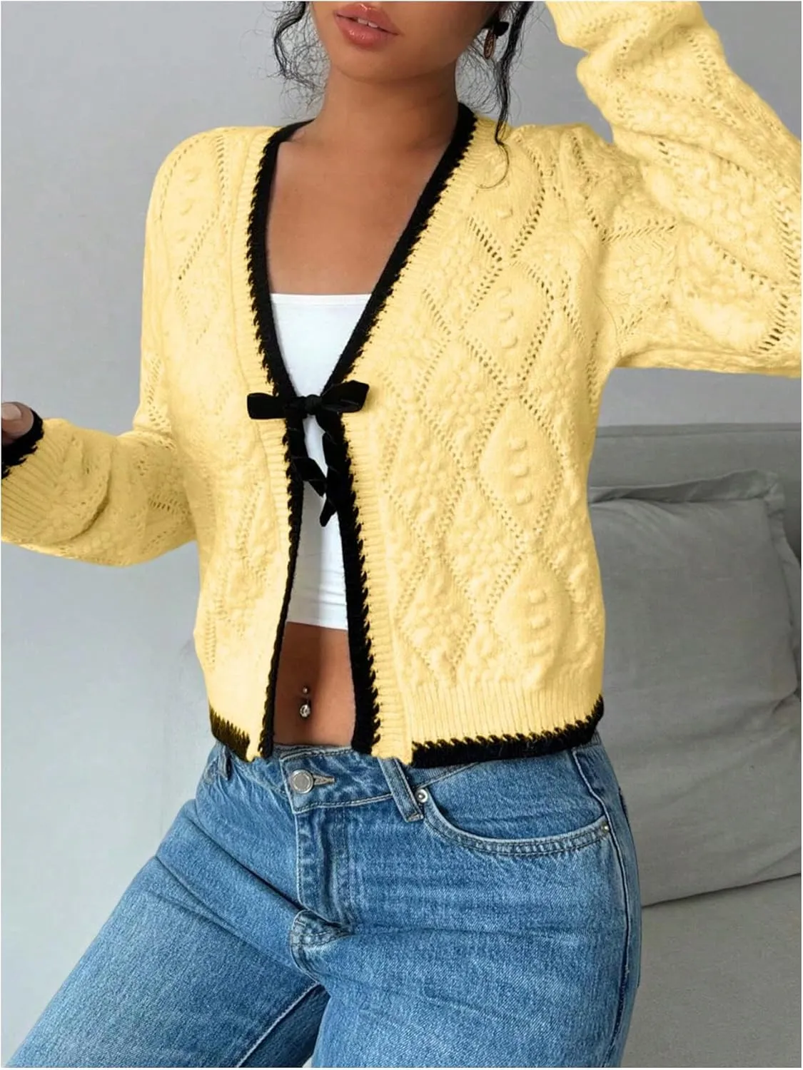 MakeMeChic Women's Tie Front Cardigan Sweater V Neck Long Sleeve Crop Cardigan