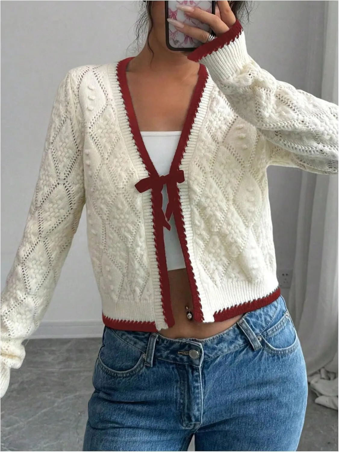 MakeMeChic Women's Tie Front Cardigan Sweater V Neck Long Sleeve Crop Cardigan