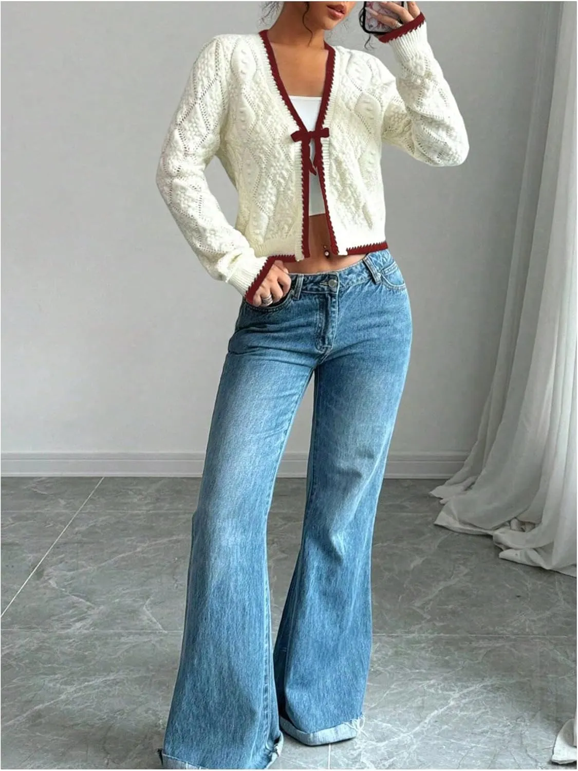 MakeMeChic Women's Tie Front Cardigan Sweater V Neck Long Sleeve Crop Cardigan
